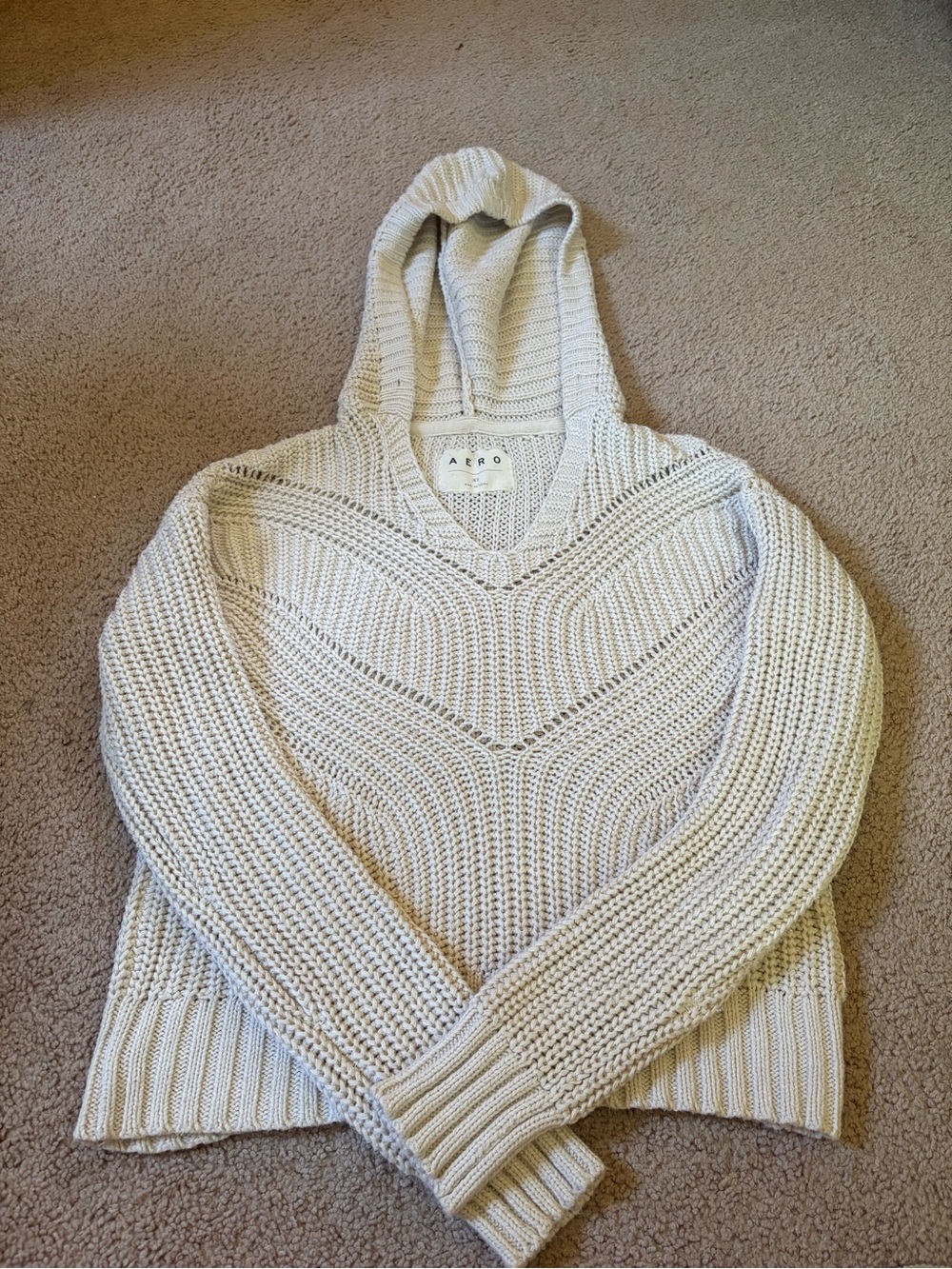 Aeropostale Cream Hooded V‑Neck Cable Knit Sweater